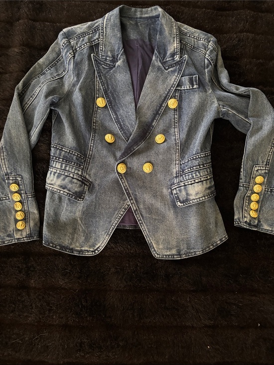 Jackets & Blazers - Double-Breasted Distressed Denim Blazer with Gold Buttons